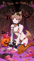 2018 8boys animal_ears bags_under_eyes bandages black_nails brown_hair candy cat_ears catboy censor_bar censored chains chastity chastity_cage collar condom dark-skinned_male ear_piercing egg_vibrator femboy gay halloween interracial leash lingerie mackerel male_only nipple_rings on_knees paddle pale_skin penis pointy_ears saba_(pixiv31195693) scar string_bikini tail tattoo thighhighs veiny_penis yaoi