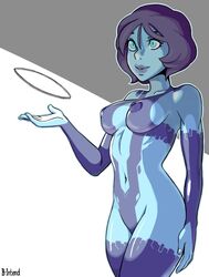 2d areolae artificial_intelligence b-intend blue_eyes blue_skin bob_cut breasts cortana female halo_(series) halo_ring hologram lanhar_vids microsoft nipples short_hair standing