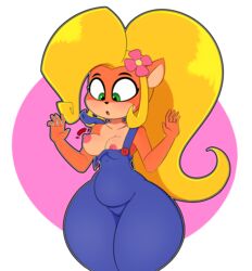 1girls :o adma228 anthro bandicoot blonde_hair coco_bandicoot crash_(series) curvy_figure female green_eyes huge_thighs long_hair orange_fur ponytail solo standing surprised thick_thighs thighs two_tone_fur wardrobe_malfunction white_background wide_hips