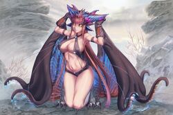 1girls arm_strap black_sclera bocas_top breasts claws criss-cross_halter dragon_girl female gloves halterneck horns humanized kneeling large_breasts long_hair looking_at_viewer monster_hunter monster_hunter_world namielle navel nipple_bulge outdoors personification proudsoul scales short_shorts shorts side_slit smile solo suspenders very_long_hair wings yellow_eyes