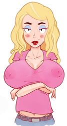 areola areolae artist_request belly_button big_boob_june big_breasts black_eyes blonde_hair blush cleavage collarbone color colored crossed_arms eyelashes eyeshadow huge_breasts june lipstick looking_at_viewer looking_forward nipple_bulge nipples no_bra pink_shirt poking_out tagme the_cleveland_show white_background yellow_hair