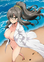 1girls absurdres areola bangs beach blush breasts brown_eyes brown_hair closed_mouth collarbone day exhibitionism eyebrows_visible_through_hair female female_only footprints from_above futaba_rio glasses hair_between_eyes hands_in_pockets high_ponytail highres labcoat large_breasts long_hair looking_at_viewer maximilian-destroyer naked_coat naked_labcoat navel nipple_slip nipples no_bra no_panties ocean sand seishun_buta_yarou_wa_bunny_girl_senpai_no_yume_wo_minai shiny_hair shore solo thighs water