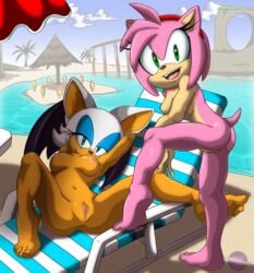 2girls amy_rose animal_ears ass bat bat_wings beach beach_chair big_ears breasts couple duo ear female female_only half-closed_eyes hedgehog hedgehoglove leg_up multiple_girls naked naked_female nude nude_female nudity outside pink_fur pink_hair pussy rings rouge_the_bat sand sea seaside sonic_(series) sonic_the_hedgehog_(series) spread_legs summer water white_fur white_hair white_skin wings