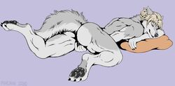 2020 anthro ass canid canine canis closed_eyes female fur hi_res mammal marjani masturbation pillow pleasured simple_background smile solo wolf