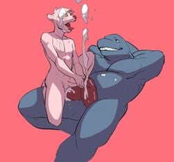 2boys anthro anthro_on_anthro anthro_penetrated anthro_penetrating anthro_penetrating_anthro bodily_fluids cum cumshot diphallia diphallism erection felid fish gay genital_fluids genitals hi_res male male/male male_only male_penetrating mammal marine multi_genitalia multi_penis muscular muscular_anthro muscular_male pantherine penetration penis pink_body pink_panther pink_panther_(series) sex shark sitting_on_penis uni0421 yaoi yetigo