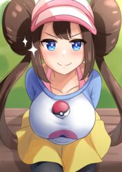 1girls big_breasts blue_eyes blush brown_hair double_bun eye_contact female hat huge_breasts kibihimi large_breasts looking_at_viewer nintendo pale-skinned_female pale_skin pokemon pokemon_bw pokemon_bw2 rosa_(pokemon) smile twintails