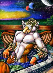 ambiguous_gender anthro avian bodily_fluids closed_eyes cum cumshot ejaculation english_text erection foot_fetish foot_play foxxfire genital_fluids gryphon hi_res hot_tub male male/ambiguous male_focus mythological_avian mythology nude orgasm outside text