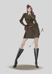 army_girl army_uniform boots brown_hair clothed military military_hat military_uniform simple_background solo wild_bird_(artist)