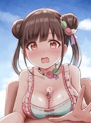 1boy bangs blush breasts brown_hair cleavage cloud cum cum_on_body cum_on_breasts cum_on_upper_body double_bun eyebrows_visible_through_hair female food food_themed_hair_ornament full-face_blush hair_ornament highres idolmaster idolmaster_shiny_colors jewelry kata2yama large_breasts long_hair macaron macaron_hair_ornament necklace outdoors outercourse outstretched_arm paizuri paizuri_under_clothes penis red_eyes ribbon sky sonoda_chiyoko surprised swimsuit yellow_ribbon