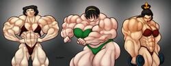 3girls annoyed avatar_the_last_airbender azula bad_anatomy black_hair extreme_muscles huge_muscles large_breasts lowres mai_(avatar) multiple_girls muscular muscular_female roemesquita straight_hair swimsuit toph_bei_fong weightlifting