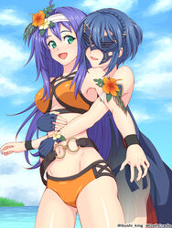 2girls bare_legs beach big_breasts bikini blue_hair cloud female_only fingerless_gloves fire_emblem fire_emblem:_path_of_radiance fire_emblem:_radiant_dawn fire_emblem_awakening fire_emblem_heroes flower_in_hair gloves green_eyes headband hug hugging long_hair lucina_(fire_emblem) lucina_(summer)_(fire_emblem) marth_(fire_emblem_awakening) mask mia_(fire_emblem) mia_(summer)_(fire_emblem) midriff multiple_girls nintendo oathcradle open_smile orange_bikini orange_swimsuit purple_hair see-through short_hair sky smile swimsuit thighs water yuri