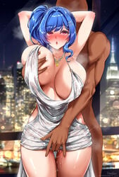 1boy armpits arms_behind_head arms_up azur_lane backless_dress backless_outfit bald bangs bare_shoulders blue_hair blue_nails blush breast_grab breasts building cityscape cleavage cowgirl_position dark-skinned_male dark_skin dress earrings evening_gown eyebrows_visible_through_hair faceless faceless_male female fingering foxy_rain_(foxyreine) foxyrain_(foxyreine) foxyreine grabbing grey_dress hair_ornament hairclip halter_dress jewelry large_breasts nail_polish necklace night night_sky nude open_mouth parted_lips pink_eyes plunging_neckline pussy_juice revealing_clothes sequin_dress side_ponytail sidelocks silver_dress sky skyscraper st._louis_(azur_lane) st._louis_(luxurious_wheels)_(azur_lane) standing straddling thighs