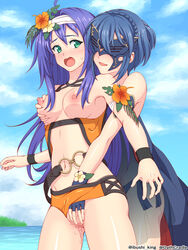 2girls bare_legs beach big_breasts bikini blue_hair blush breast_grab breasts breasts_out censored cloud female_only fingering fingerless_gloves fire_emblem fire_emblem:_path_of_radiance fire_emblem:_radiant_dawn fire_emblem_awakening fire_emblem_heroes flower_in_hair gloves grabbing_another's_breast grabbing_from_behind green_eyes groping groping_breast groping_breast_without_consent groping_breasts groping_breasts_from_behind groping_pussy headband long_hair lucina_(fire_emblem) lucina_(summer)_(fire_emblem) marth_(fire_emblem_awakening) mask mia_(fire_emblem) mia_(summer)_(fire_emblem) midriff nervous nintendo oathcradle open_smile orange_bikini orange_swimsuit panties_aside purple_hair pussy pussy_juice see-through short_hair sky smile squeezing_breast squeezing_nipple sweat swimsuit thighs touching_nipple water yuri