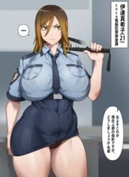 1girls abs angry big_breasts breasts brown_eyes brown_hair busty cheetah_print cleavage curvy digimon digimon_story digimon_story:_cyber_sleuth female female_only huge_breasts human japanese_text kunaboto large_breasts makiko_date muscular_female naughty_face orange_hair panties police police_baton police_uniform policewoman seductive skirt solo thick_thighs thighs venus_body voluptuous