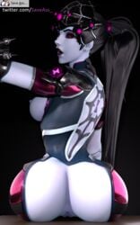 1girls 3d alternate_costume anus ass black_sclera blizzard_entertainment butt dark_blue_hair dat_ass eyelashes eyeshadow female female_only latex leggings long_hair looking_back looking_down overwatch pantyhose ponytail presenting_anus presenting_ass purple_eyes purple_eyeshadow purple_lipstick purple_skin saveass_ sitting slim solo spider_widowmaker tattoo widowmaker