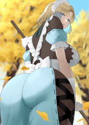 ass ass_focus background big_ass blonde_hair bubble_butt female huge_ass looking_back maid_headdress maid_uniform remomon sideboob thick_thighs