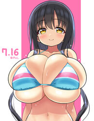 belly belly_button big_breasts blush breast breast_squeeze cute dark_hair gigantic_breasts happy huge_breasts iwato_kasumi long_hair overflowing_breasts saki shuz_(dodidu) smile sweat swimsuit thin_waist tight_clothing yellow_eyes