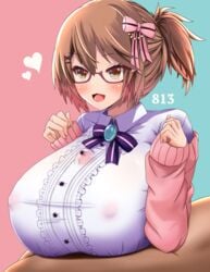 1girls 2020 :3 absurd_res blush bow breast_squeeze breasts brown_hair clothed clothing cute eyebrows_visible_through_hair female female_only glasses hair_between_eyes hair_ornament hair_ribbon hairclip heart highres huge_breasts mameneko minami_rina mole mole_under_eye nijisanji nipples nipples_visible_through_clothing open_clothes open_mouth orange_eyes original paizuri paizuri_under_clothes penis_bulge ponytail ribbon see-through semi-rimless_glasses short_ponytail simple_background smile solo straight suzuhara_lulu suzuhara_lulu_(cosplay) thighs tongue virtual_youtuber w_arms