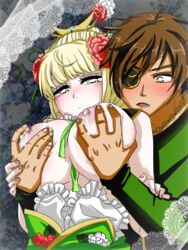 1boy 1boy1girl 1girls 1orangejuicier big_breasts blonde_hair blush breast_grab breast_squeeze brown_eyes brown_hair couple date_masamune emotionless eye_patch green_eyes husband_and_wife japanese_clothes kuudere lace lactation large_breasts love married_couple masamune_date megohime milk oc original_character romantic romantic_couple sengoku_musou sengoku_musou_oc squeezing straight surprised