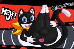 3:2 3_toes 4_fingers anthro anus ass atlus balls bandana big_butt black_balls black_body black_fur blue_eyes butt_grab dipstick_tail domestic_cat english_text felid feline felis fingers fur gameplay_mechanics genitals hand_on_butt huge_butt inner_ear_fluff leg_grab legs_up looking_at_viewer lying male male_only mammal megami_tensei megami_tensei_persona morgana_(persona) multicolored_tail not_safe_for_reality on_back open_mouth persona persona_5 pink_anus presenting presenting_anus solo text thick_thighs thigh_grab toes tuft video_games white_body white_fur yellow_bandanna