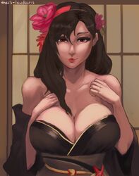 1girls artist_name big_breasts black_kimono breasts brown_hair busty cleavage clothing eyebrows_visible_through_hair eyelashes female female_only final_fantasy final_fantasy_vii fully_clothed hair_between_eyes hair_flower highres huge_breasts kimono large_breasts lips long_hair looking_at_viewer red_eyes shiny_hair signature smile smiling solo thats-lewdacris tifa_lockhart voluptuous