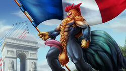 16:9 abs anthro avian ball_tuft balls bastille_day beak biceps big_balls big_penis bird chicken corrsk detailed_background digital_media_(artwork) feathers flag galliform gallus_(genus) genitals half-erect hi_res humanoid_genitalia humanoid_penis male male_only muscular muscular_anthro muscular_male nude outside penis phasianid pubes sagging_balls solo tuft widescreen