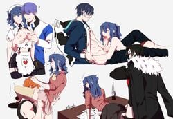 4boys beelzebub_(obey_me) belphegor_(obey_me) bent_over_desk between_breasts blowjob blue_hair cunnilingus desk fellatio female freckles from_behind fully_clothed grabbing_hair holding_breasts holding_wrist legs_around_head leviathan_(obey_me) looking_at_partner lucifer_(obey_me) maid_dress maid_outfit male obey_me!_one_master_to_rule_them_all oc original_character outercourse paizuri penis pigtails pillow reaching_into_pants self_insert shoknsfw smiling