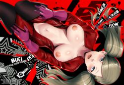 ann_takamaki blonde_hair bodysuit breasts catsuit commentary dannex009 elbow_gloves english_commentary english_text female full-length_zipper gameplay_mechanics gloves green_eyes highres looking_at_viewer lying menu on_back open_clothes open_mouth persona persona_5 persona_5_royal phantom_thief_suit red_bodysuit shiny solo text toned twintails zipper