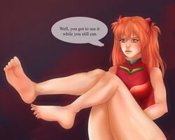 1girls asuka_langley_sohryu barefoot big_thighs english_text feet feet_up female female_only foot_fetish foot_focus foot_worship ladyendsm light_skin looking_back neon_genesis_evangelion orange_hair plugsuit sitting soles solo speech_bubble swimsuit text toes wide_hips