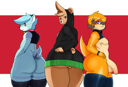 3boys 5_fingers anthro ass balls big_ass big_butt big_penis blue_body blue_fur blue_hair brown_eyes candy canid canine canis cervid cherryfox73 clothed clothing dog_(berseepon09) dog_boy_(berseepon09) domestic_dog femboy fingers food foreskin fur genitals group hair hi_res huge_ass huge_cock humanoid humanoid_genitalia humanoid_penis lollipop looking_at_viewer looking_back male male/male mammal milo_(cherryfox73) orange_body orange_fur penis purple_eyes shota_deer_(character) simple_background thick_thighs ursid wide_hips