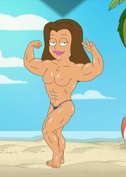 abs american_dad areolae beach biceps bodybuilder breasts brown_hair female female_only flexing frost969 hair lipstick lisa_silver long_hair medium_breasts muscular_female nipples panties peace_sign pose shiny_skin smile solo_female topless