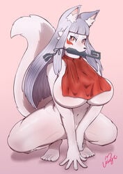 anthro bottomless breasts canine female female fox fur furry high_resolution high_school_inari_tamamo-chan! large_breasts long_hair mammal red_eyes solo squatting tamamo_fushimi underboob usagin white_fur