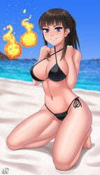 1girls 2020 2d artist_name artist_signature beach big_breasts bikini black_bikini black_hair breasts day daytime enen_no_shouboutai fair-skinned_female fair_skin female female_only fire fire_force fire_manipulation fit fit_female heroine human human_female human_only kneeling light-skinned_female light_skin long_hair looking_at_viewer no_sex oze_maki powers purple_eyes pyrokinesis realistic_breast_size realistic_proportions rocky-ace smile smiling smiling_at_viewer solo solo_female teenage_girl teenager thighs