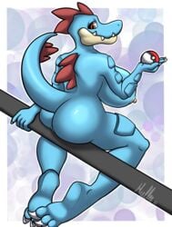 absurd_res anthro ass big_breasts big_butt breasts claws curvy_figure feet female feraligatr genitals hi_res huge_breasts leafymyllee nintendo nipples pokéball pokémon_(species) pokemon pussy scalie simple_background sitting solo teeth video_games voluptuous wide_hips