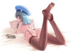 anus ass babu bed blue_hair breasts endro! garter_belt green_eyes hat meiza_endust no_bra nopan pussy short_hair stockings thighhighs topless uncensored white