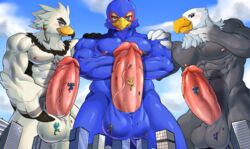 2020 absurd_res accipitrid accipitriform animal_crossing anthro apollo_(animal_crossing) avian bald_eagle balls bird blue_body blue_fur breath_of_the_wild building canid canine canis city cloud crossover eagle falco_lombardi fox fox_mccloud fur genitals hi_res kass_(zelda) licking lobo_(animal_crossing) looming looming_over macro male male_only mammal mayar micro muscular muscular_anthro muscular_male nintendo nipple_fetish nipple_lick nipple_play nipples penis revali rito sea_eagle sky star_fox teba_(tloz) the_legend_of_zelda togepi1125 tongue tongue_out vein veiny_penis video_games white_body white_fur wolf wolf_o'donnell wolfgang_(animal_crossing) worship