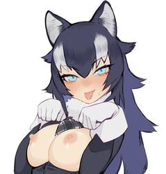 10s :p animal_ears bad_id bad_twitter_id black_hair blue_eyes blush breasts breasts_out error eyebrows_visible_through_hair female fur_collar gloves grey_wolf_(kemono_friends) hair_between_eyes juz kemono_friends large_breasts long_hair multicolored_hair nipples paw_pose simple_background solo tongue tongue_out two-tone_hair upper_body v-shaped_eyebrows white_background white_gloves white_hair wolf_ears