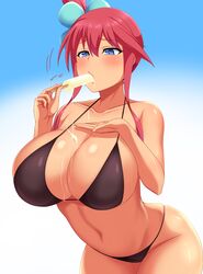 1girls alternate_breast_size bikini blush cleavage female female_only food food_on_body food_play huge_breasts human human_only ice_cream ice_cream_on_breasts long_hair murasame_(pixiv_38411450) nintendo pokemon pokemon_bw purple_eyes red_hair skyla_(pokemon) solo tan-skinned_female tan_skin thick_thighs thighs voluptuous wide_hips