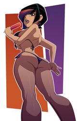 1girls ass big_ass big_breasts bikini black_hair dc duo_damsel female female_only legion_of_superheroes looking_at_viewer looking_back luornu_durgo panty_pull popsicle purple_eyes ravenravenraven short_hair solo solo_female solo_focus superheroine triplicate_girl worm's-eye_view