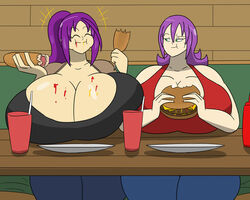 akua_(igphhangout) big_breasts breast_squeeze breasts eating gigantic_breasts happy huge_breasts igphhangout milf original_character purple_hair shelly_(igphhangout) smile thick thick_thighs