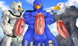 absurd_res accipitrid accipitriform animal_crossing anthro apollo_(animal_crossing) avian bald_eagle balls bird blue_body blue_fur bodily_fluids breath_of_the_wild building canid canine canis city cloud crossover eagle falco_lombardi fox fox_mccloud fur genital_fluids genitals hi_res kass_(zelda) licking lobo_(animal_crossing) looming looming_over macro male male_only mammal mayar micro muscular muscular_anthro muscular_male nintendo nipple_fetish nipple_lick nipple_play nipples penis precum precum_drip revali rito sea_eagle sky star_fox teba_(tloz) the_legend_of_zelda togepi1125 tongue tongue_out vein veiny_penis video_games white_body white_fur wolf wolf_o'donnell wolfgang_(animal_crossing) worship