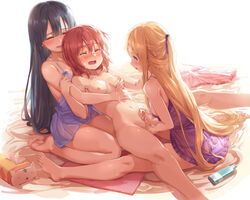 1futa 2girls :d absurdres bangs bare_legs bare_shoulders barefoot black_hair blonde_hair blush breasts brown_eyes camisole cleavage clothes_removed collarbone commentary_request cum ejaculation eyebrows_visible_through_hair facial futa_with_female futanari highres hug hug_from_behind leaning_forward long_hair lying michairu multiple_girls navel nipples nogi_sonoko nude on_back open_mouth penis red_hair see-through short_hair simple_background sitting small_breasts smile stomach straight_hair tears testicles tissue_box tougou_mimori underwear underwear_only very_long_hair wariza white_background wince yuuki_yuuna yuuki_yuuna_wa_yuusha_de_aru yuusha_de_aru