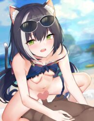 1boy 1girls absurdres amrita_(amber78gou) animal_ear_fluff animal_ears bangs bare_shoulders beach bikini bikini_lift black_bikini black_hair blue_sky blush breasts cat_ears cat_girl cat_tail collarbone cowgirl_position dark-skinned_male dark_skin eyewear_on_head female green_eyes highres interracial karyl_(princess_connect!) kyaru_(princess_connect) light-skinned_female light_skin long_hair low_twintails multicolored_hair navel nipples nude open_mouth penis princess_connect! princess_connect!_re:dive sex shore sky small_breasts spread_legs straddling straight streaked_hair sunglasses swimsuit tail thighs twintails vaginal_penetration white-framed_eyewear