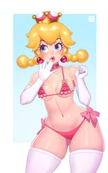 1girls :o bad_id bad_twitter_id bare_shoulders bikini bimbo_lips blonde_hair blush breasts choker cleavage collar crown curvy earrings elbow_gloves eyes_visible_through_hair female female_focus female_only gloves grey_eyes human human_only light-skinned_female light_skin lips lipstick looking_to_the_side mario_(series) medium_breasts new_super_mario_bros._u_deluxe nintendo pale-skinned_female pale_skin panties peachette pearl_earrings pigtails pink_bikini ribbons rizdraws simple_background solo solo_female stockings string_bra super_crown thick thick_thighs thigh_gap thighhighs thighs toadette white_thighhighs wide_hips year_request