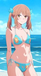 1girls arms_behind_back bare_legs bare_shoulders beach blue_bikini blue_ribbon blush brown_hair cleavage collarbone hair_ribbon long_hair looking_at_viewer medium_breasts smiling standing string_bikini twintails
