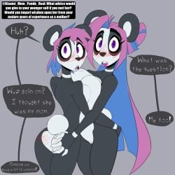 2026 age_difference anthro bear big_breasts biped black_body black_fur black_nose blue_eyes blush blush_lines bodily_fluids breast_size_difference breast_squish breasts breasts_frottage countershade_face countershade_fur countershade_torso countershading dialogue duo english_text eyebrows female female/female fingerless_(marking) fur genitals giant_panda hair hand_on_butt hi_res humanoid_genitalia humanoid_vulva jrvanesbroek kisumi_nightstone long_hair looking_at_viewer looking_back looking_back_at_viewer mammal markings multicolored_body nude older_female open_mouth question round_ears saliva saliva_string scut_tail selfcest short_hair short_tail simple_background small_breasts speech_bubble square_crossover squish standing tail teeth text time_paradox tongue two_tone_body username vulva white_body white_countershading white_fur white_markings younger_female