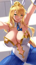 1girls ahoge akitsuki_karasu all_fours animal_ears armpits artoria_pendragon artoria_pendragon_(lancer) artoria_pendragon_(swimsuit_ruler) bangs bare_shoulders blonde_hair blue_legwear blue_neckwear blush braid breasts bunny_ears bunnysuit cleavage cowgirl_position detached_collar fate/grand_order fate_(series) female fishnet_legwear fishnets french_braid green_eyes hair_between_eyes high_resolution highleg highleg_leotard large_breasts leotard long_hair looking_at_viewer navel navel_cutout necktie open_mouth perspective ponytail sidelocks smile tiara tied_hair viewed_from_below white_leotard wrist_cuffs