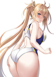 1girls ass ass_grab back bangs bare_shoulders blonde_hair blue_eyes blush bradamante_(fate) braid breasts competition_swimsuit crown_braid fate/grand_order fate_(series) female groping hair_between_eyes harimoji large_breasts light_background long_hair looking_at_viewer looking_back multicolored multicolored_clothes multicolored_swimsuit one-piece_swimsuit simple_background solo swimsuit thick_thighs thighs tied_hair twintails very_long_hair white_background white_swimsuit