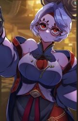 1girls 8husa big_breasts blurry breasts commentary_request depth_of_field eyeshadow female female_only fujioka_yatsufusa glasses gloves goggles goggles_on_head headband highres jacket large_breasts makeup nintendo off_shoulder open_clothes open_jacket purah red-framed_eyewear red_eyes round_eyewear sheikah shirt short_eyebrows sleeveless sleeveless_shirt solo the_legend_of_zelda the_legend_of_zelda:_tears_of_the_kingdom triangle_mouth white_hair