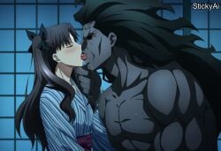 ai_generated anime_coloring berserker black_hair blue_eyes cheating cheating_girlfriend dark dark-skinned_male duo fate/stay_night fate_(series) female flat_chest flat_chested height_difference huge_male indoors japanese_clothes larger_male male mature_female muscular_male netorare night ntr size_difference small_breasts stickyai thin_female tohsaka_rin twintails